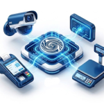 unyinco platform connecting to cctv cameras, point of sale devices, scales and interfaces with blue electric light